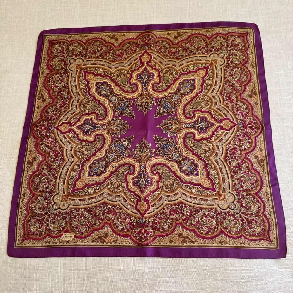 Vintage Liberty Of London Signed Paisley Cream Tan Deeppink Silk Scarf 23”X23”